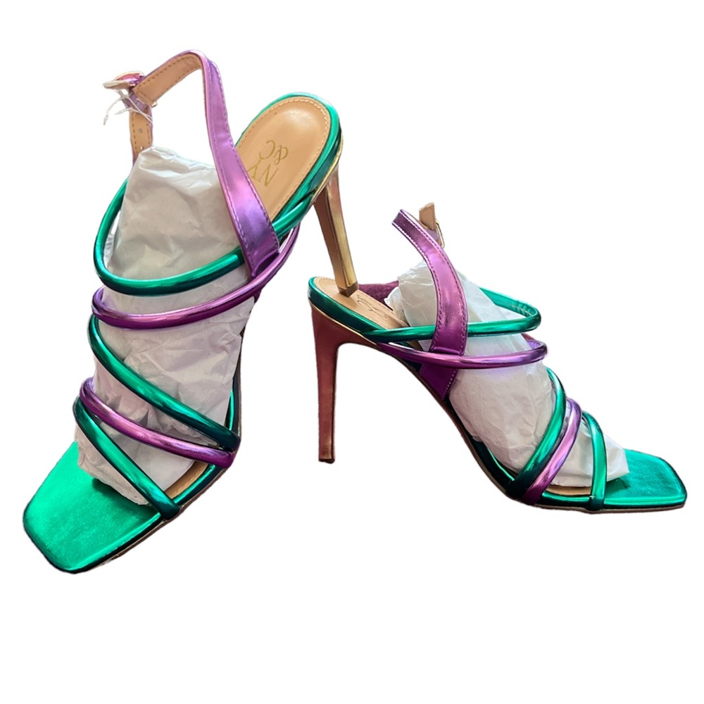 ✨ NY&C Metallic Purple & Green Strappy Wrap Heel Sandals — NWT